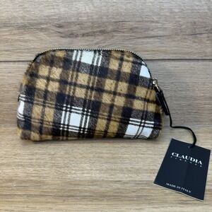 Claudia Firenze Zippered Makeup Pouch Black Brown Plaid Fur Italian Leather New